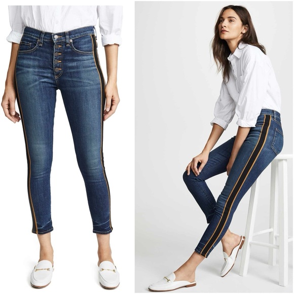 NEW Veronica Beard Crop Slim Fit Button Fly Tuxedo Stripe Jeans in Dark Wash - Picture 4 of 12